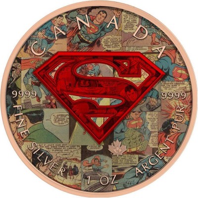 Canada SUPERMAN COMICS Canadian Maple Leaf $5 Silver Coin 2016 High relief of S-logo Rose Gold plated 1 oz